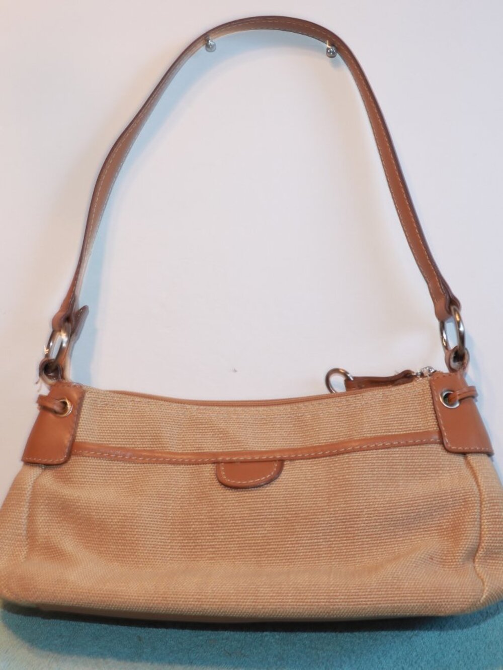 Vintage FOSSIL Shoulder Purse Bag Light Tan Canvas Brown Leather Trim